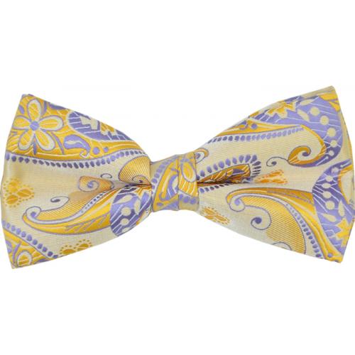 Classico Italiano Gold / Lavender / Mustard Paisley Design 100% Silk Bow Tie / Hanky Set